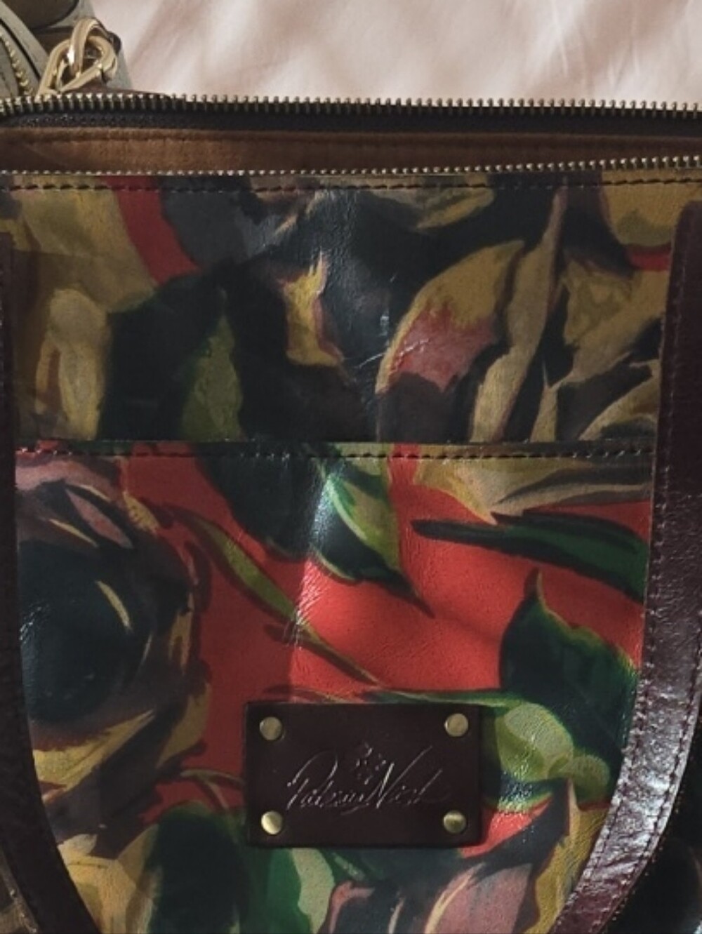 Patricia Nash Multicolor Floral Patent Tote with Brown Trim and Gold Hardware